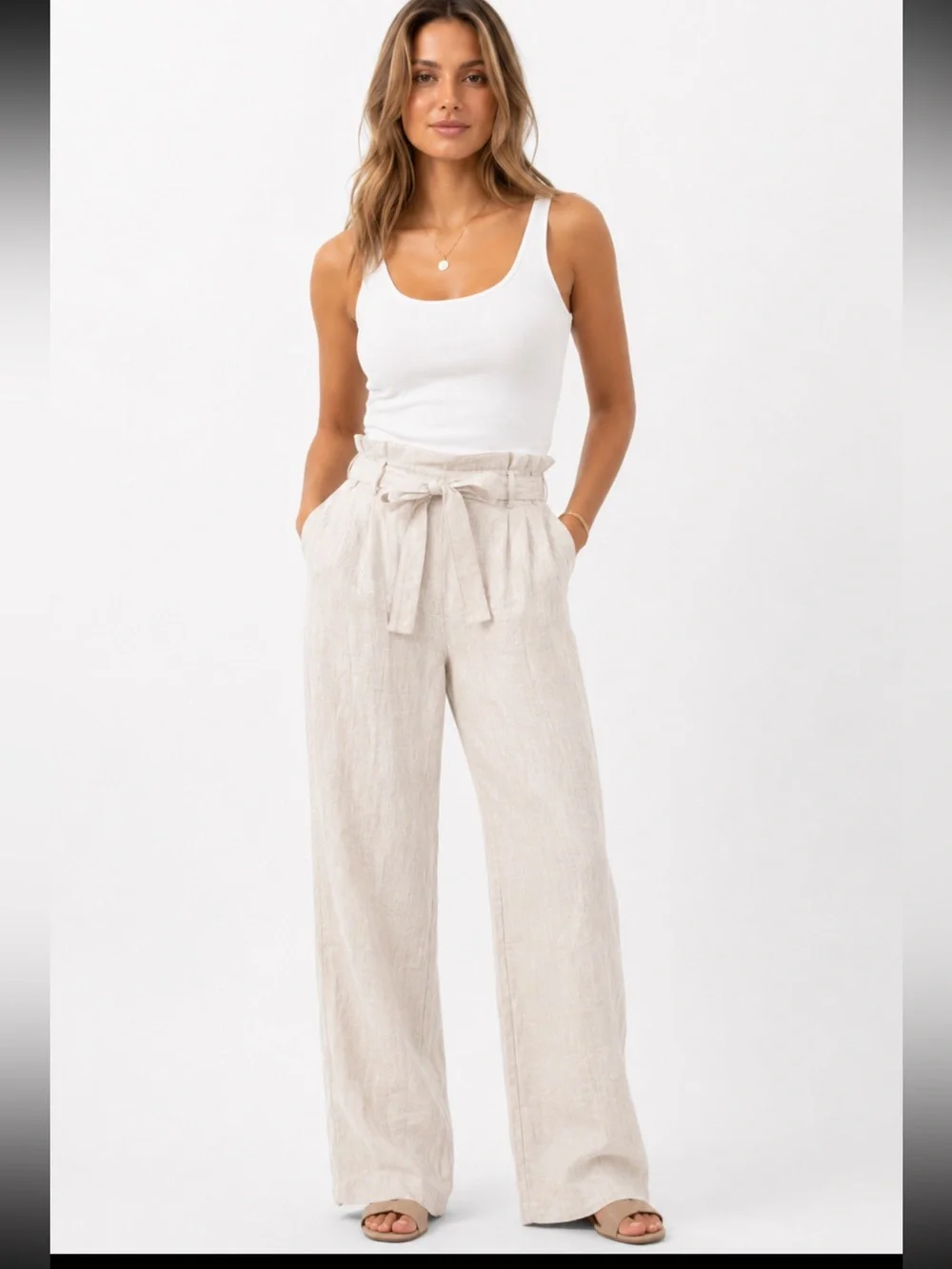 Mango MNG 100% Linen Beige High Rise Wide Leg Tie Waist Pants Medium
